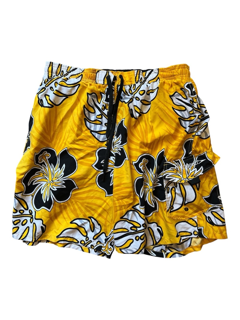 Speedo Men's Yellow Tropical Floral Swim Trunks L Board Shorts Waterproof Pocket